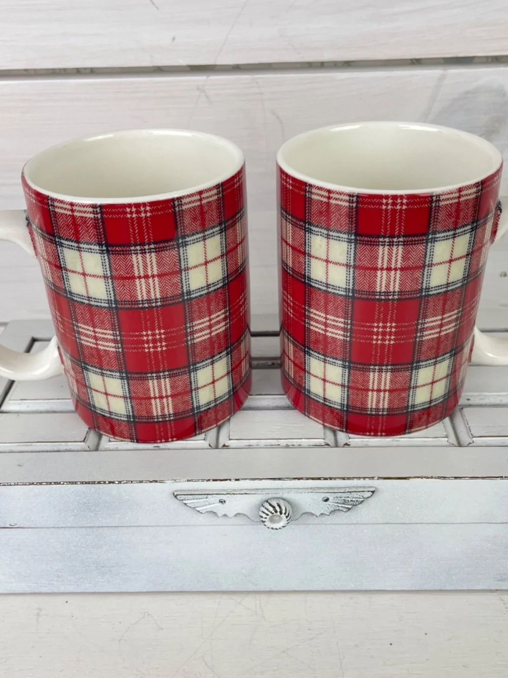 Pottery Barn Red Plaid Flannel Winter Christmas Ceramic Coffee Mugs - Pair